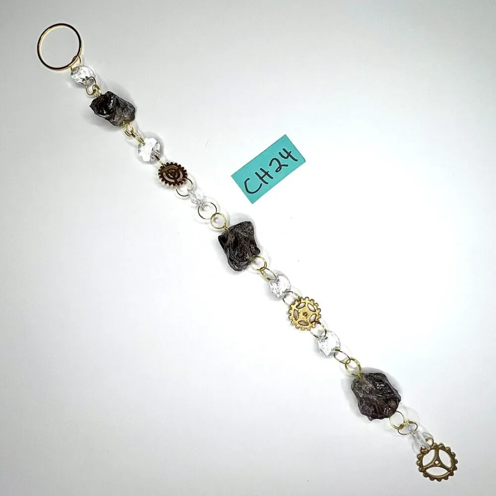 Raw Smoky Quartz Hanging | Steampunk Gear Charm | Grounding Stone Stress Relief
